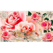 Tranh những bông hoa hồng nhung bên hồ cá chép vàng