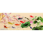 Tranh nghệ thuật hoa sen hồng và cá chép dưới cành hoa đào