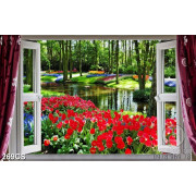 Tranh cửa sổ và hoa bên dòng nước đẹp nhất 