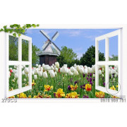 Tranh decor hoa và khung cửa sổ bên cối xoay gió chất lượng cao