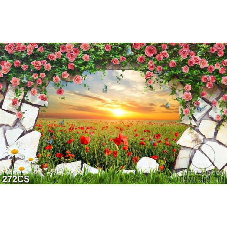 Tranh trang trí tường cổng đá và hoa đẹp nghệ thuật 
