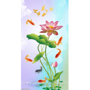 Tranh in tường đàn cá chép vàng bên bông hoa sen hồng