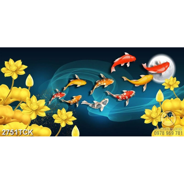 Tranh in canvas những bông hoa sen dáp vàng bên đàn cá koi