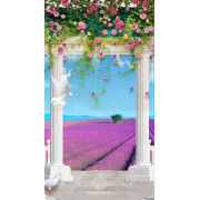Tranh trang trí phòng khách vườn hoa oải hương bên khung cửa