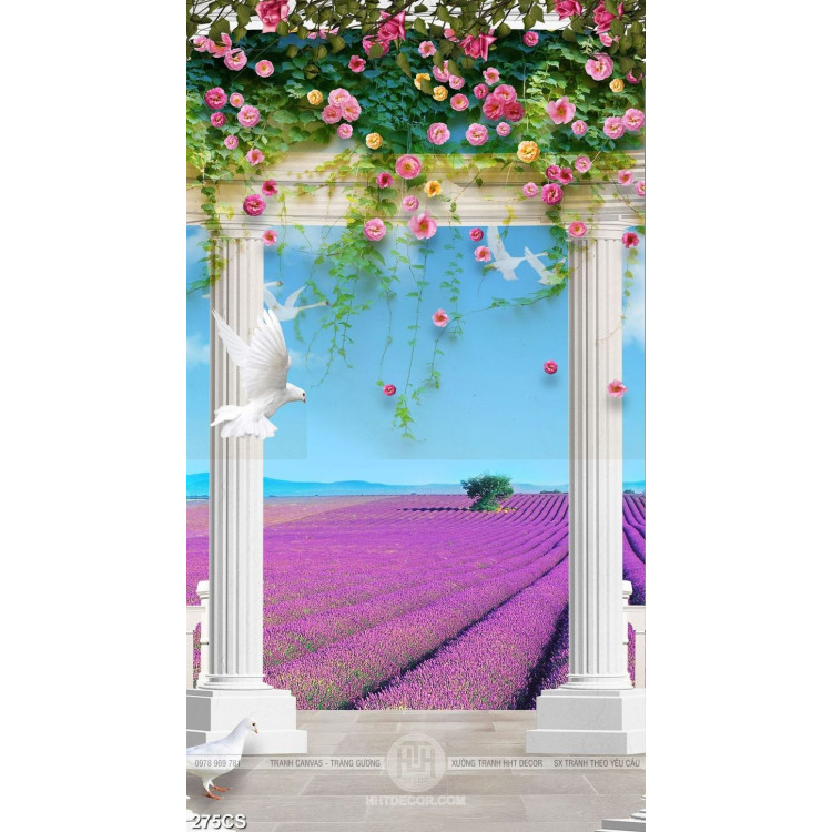Tranh trang trí phòng khách vườn hoa oải hương bên khung cửa