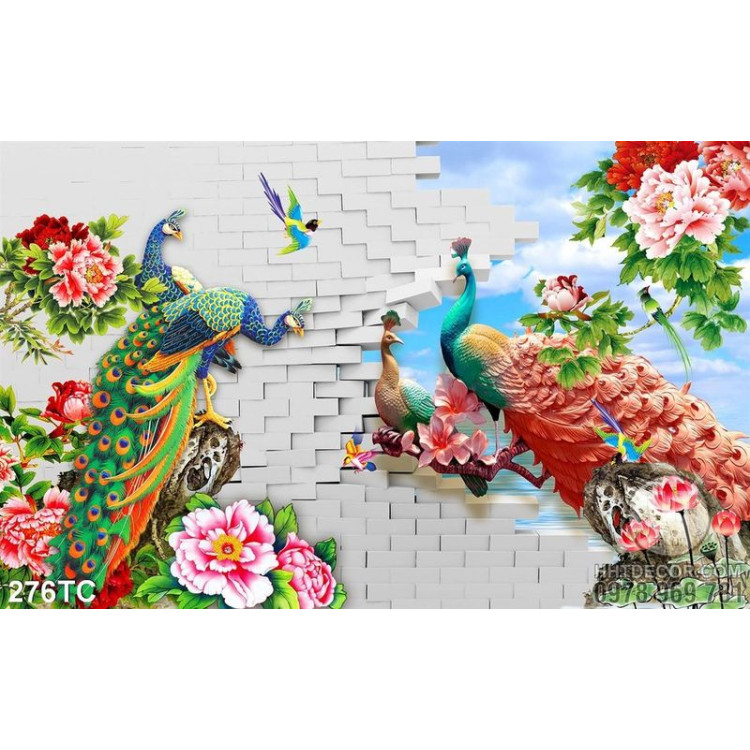 Tranh chim công chơi đùa trên bức tường gạch psd