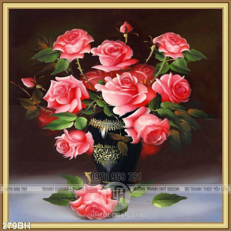 Tranh bình hoa hoa hồng sơn dầu