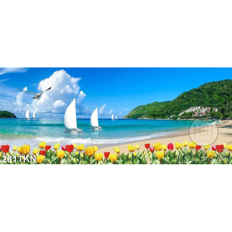 Tranh bãi biển và hoa tulip