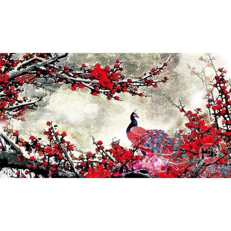 Tranh chim công và hoa đào đỏ đẹp wall