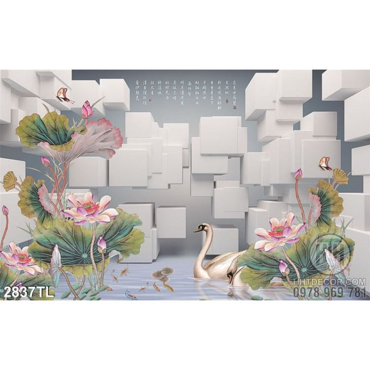 Tranh tường 3D chim thiên nga và hoa sen