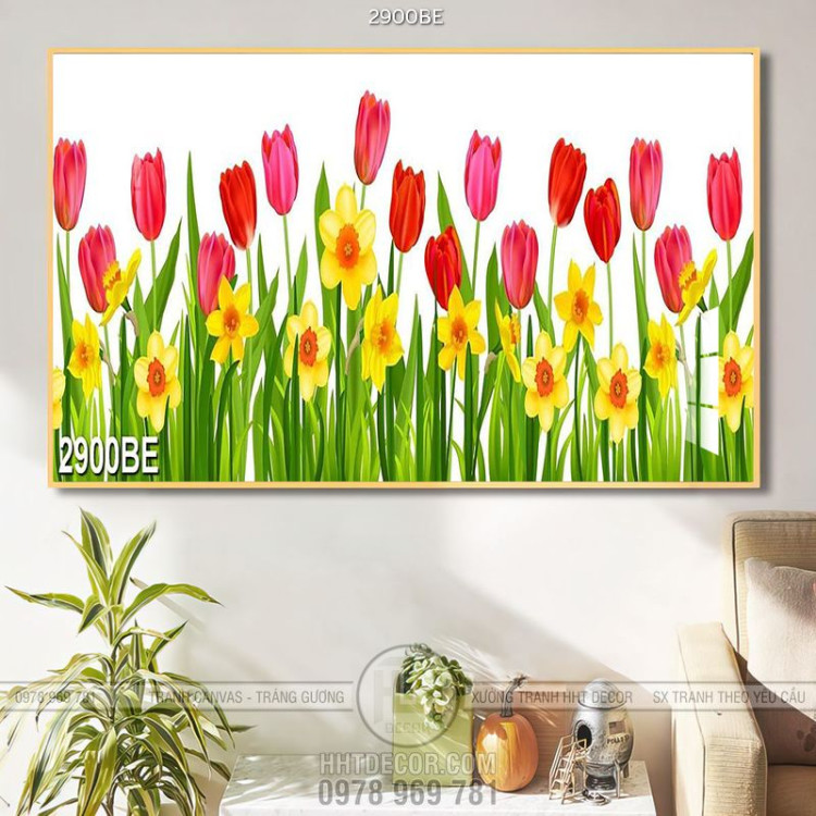 Tranh hoa tulip vàng và đỏ in kính bếp 