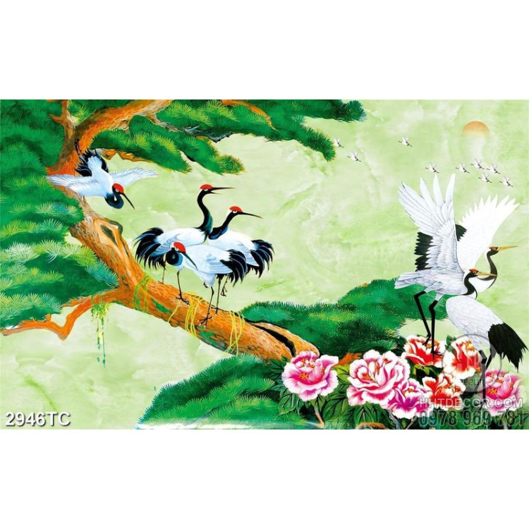 Tranh chim Hạc trên cây Tùng in tranh thêu siêu nét