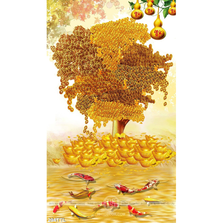 Tranh cây tiền vàng phong thủy và cá Koi psd