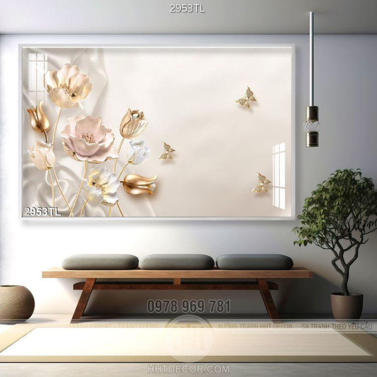 Tranh lụa 3D hoa sen điêu khắc trang trí phòng khách