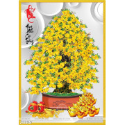Tranh bonsai hoa mai chữ phúc và đống vàng