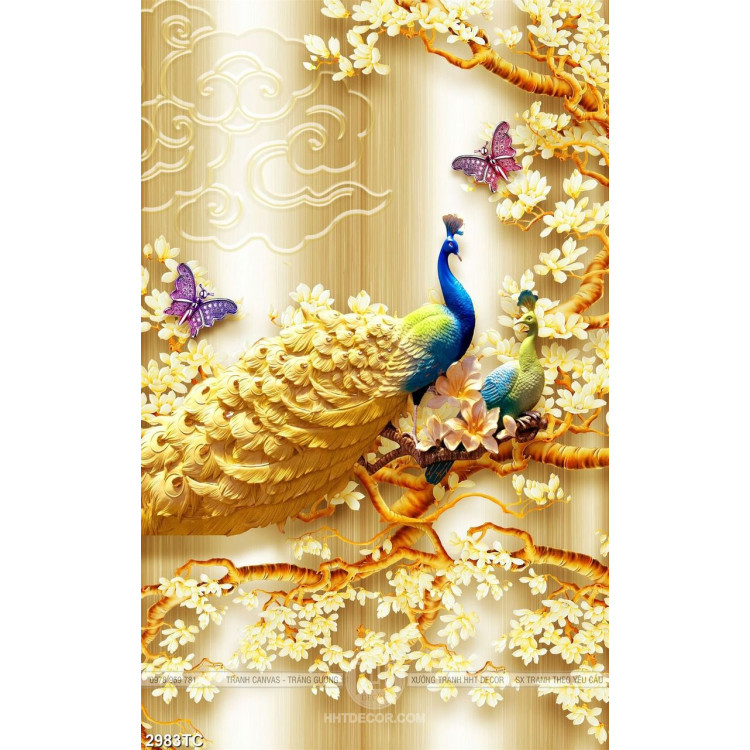 Tranh đôi chim Công trên cành hoa mộc lan