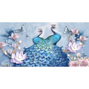 Tranh lụa 3D đôi chim công xanh và hoa mộc lan