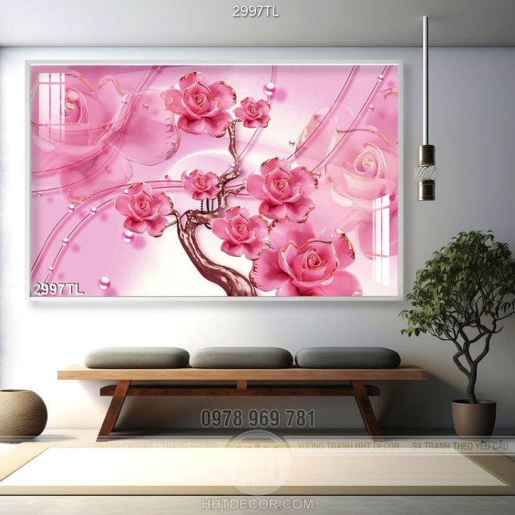 Tranh lụa 3D hoa hồng trang trí phòng khách