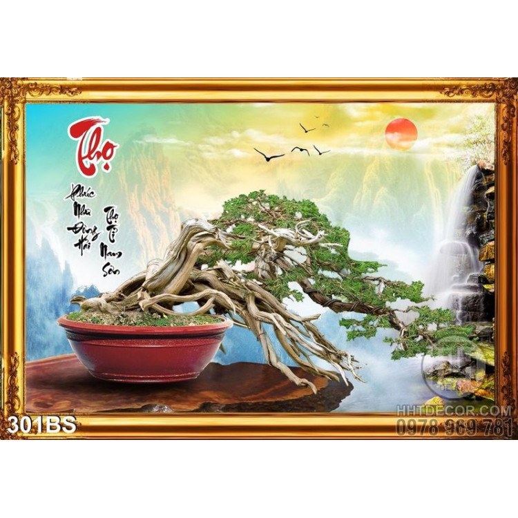 Tranh bonsai dáng nằm chữ thọ