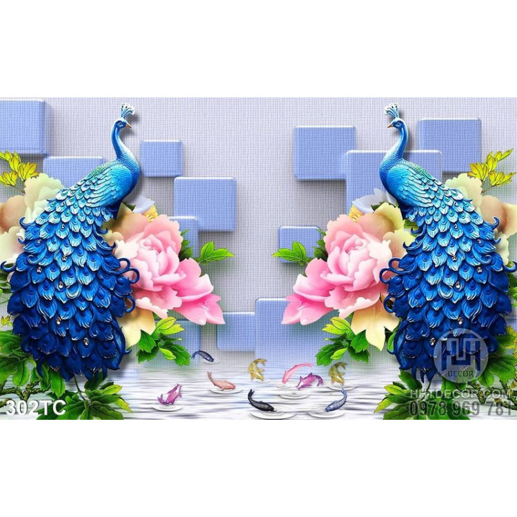 Tranh chim công màu xanh lam đứng trên hoa mẫu đơn 3d giả ngọc