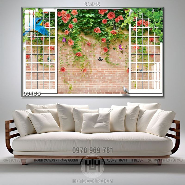 Tranh trang trí tường cửa sổ và hoa hồng dây leo chất lượng cao