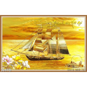 Tranh decor tường tàu căng buồm giữa biển vàng nghệ thuật 