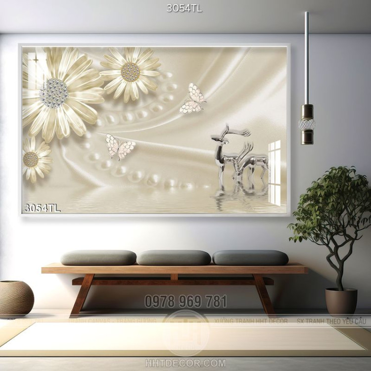Tranh lụa 3D hoa cúc và hươu trang trí phòng ngủ đẹp