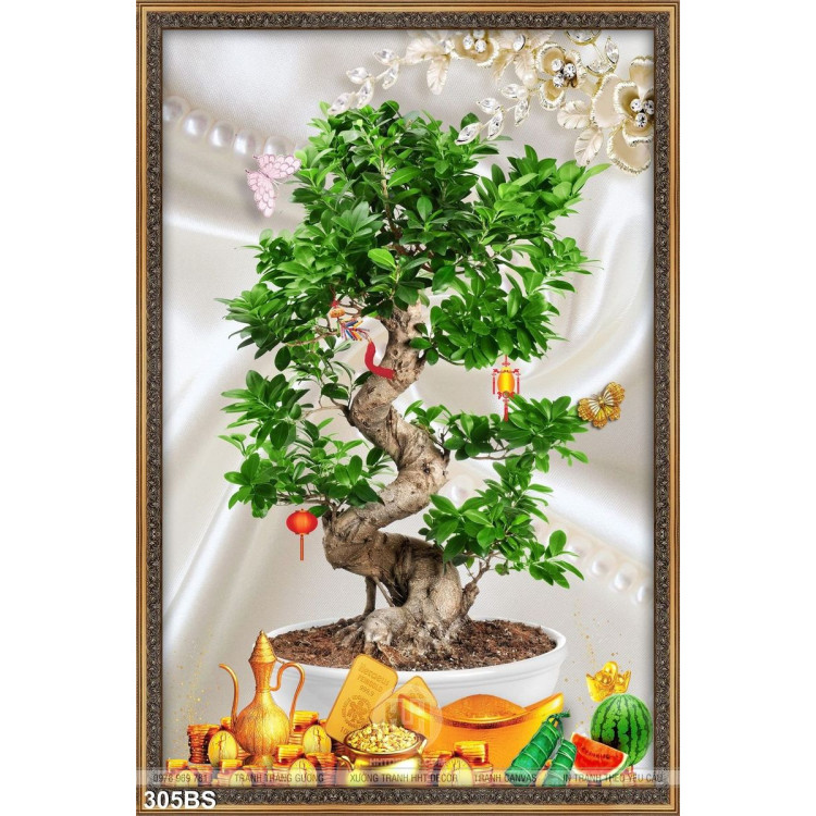Tranh bonsai cây khé và đồng tiền vàng