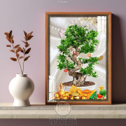 Tranh bonsai cây khé và đồng tiền vàng