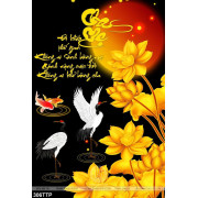 Tranh thư pháp trang trí chim hạc bên hoa sen vàng