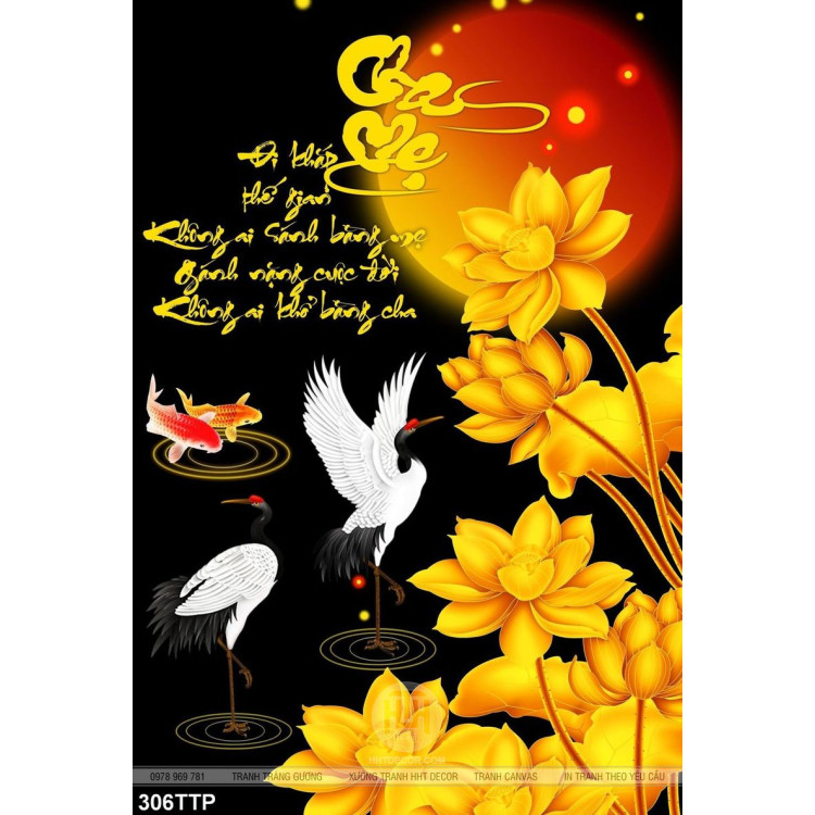 Tranh thư pháp trang trí chim hạc bên hoa sen vàng