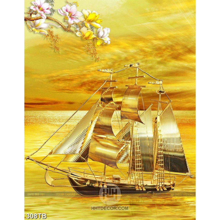 Tranh thuyền buồm trên biển vàng in kính