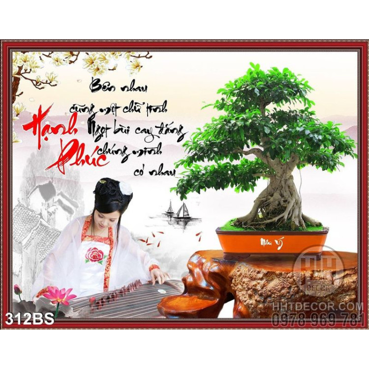 Tranh bonsai và cô gái