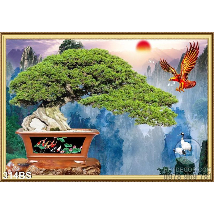Tranh bonsai đẹp và chim đại bàng