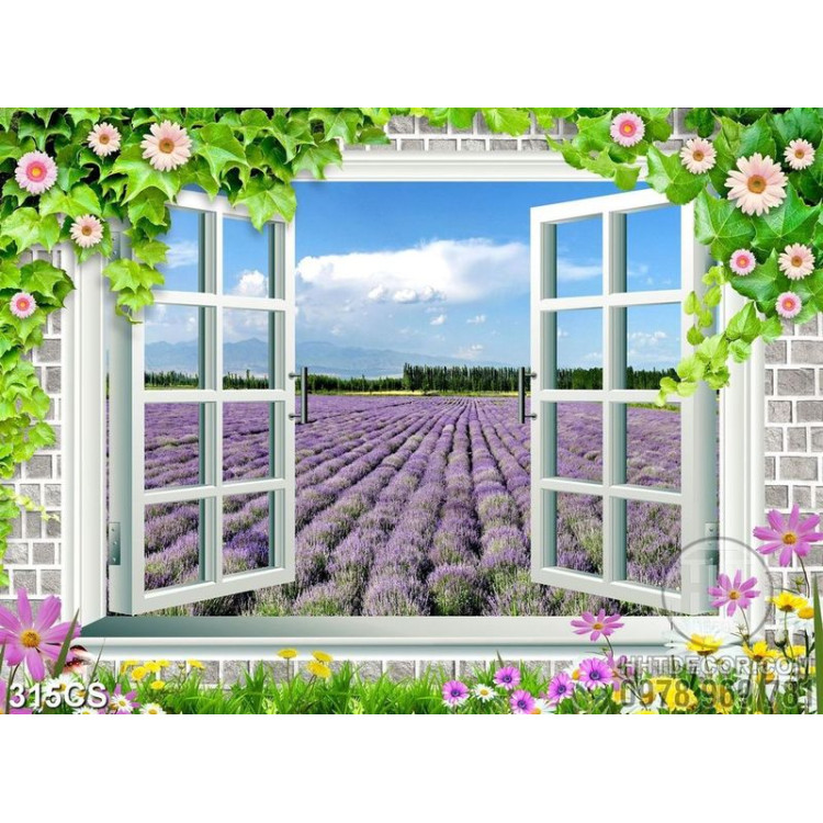 Tranh decor tường khung cửa sổ bên vườn hoa oải hương file gốc 