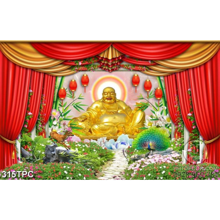 Tranh rèm màn decor trang trí Phật Di Lặc tọa lạc giữa khu rừng