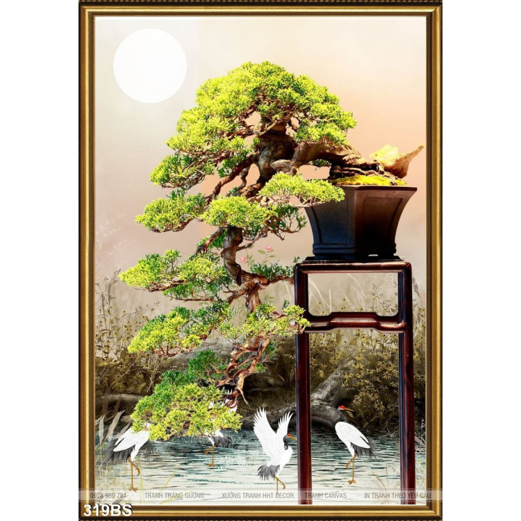 Tranh bonsai nhật bản nghệ thuật  và chim hạc