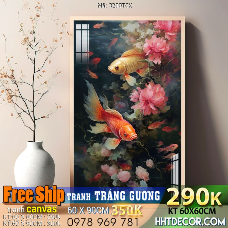 Mẫu tranh decor tường cá chép hoa sen 