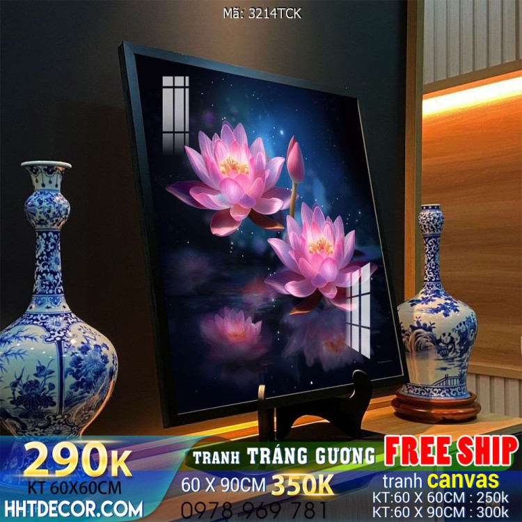 Tranh decor tường phòng khách cá chép hoa sen