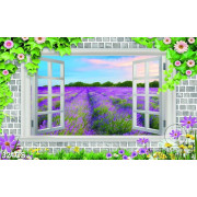 Tranh 3D khung cửa đầy hoa bên cánh đồng ỏi hương in kinh