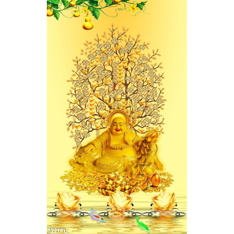 Tranh decor cây tiền vàng và Phật Di Lặc psd
