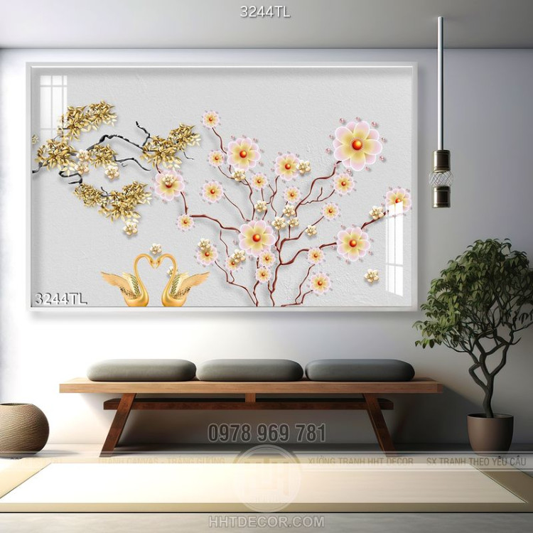 Tranh 3D chim thiên nga và hoa trang trí tường đẹp nhất