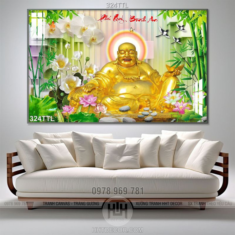 Tranh thư pháp tượng Phật Di Lặc vàng decor đẹp