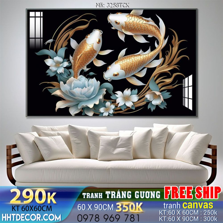 Tranh decor tường phòng khách cá chép hoa sen