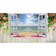 Tranh 3D cửa sổ bên bãi biển decor tường 