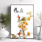 Tranh thư pháp in canvas chim vẹt và hoa mộc lan