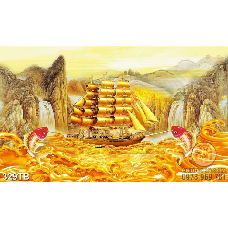 Tranh ghép kim tiền thuyền vược thác nước vàng đẹp nhất 