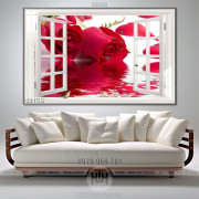 Tranh 3D dán tường hoa hồng bên khung cửa sổ