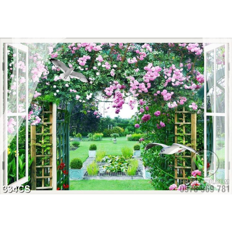 Tranh cánh cổng và dàn hoa vào khu vườn nhỏ xanh mát chất lượng cao