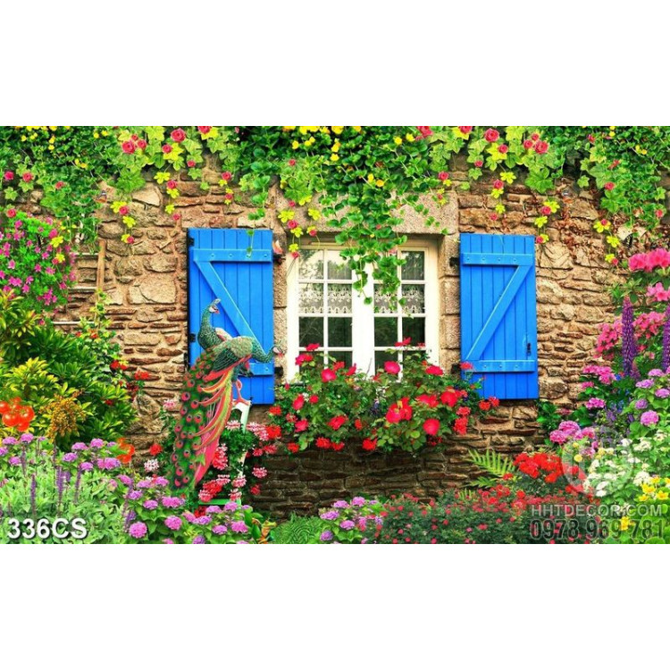 Tranh trang trí phòng hoa nhiều màu sắc bên khung cửa sổ mà xanh 